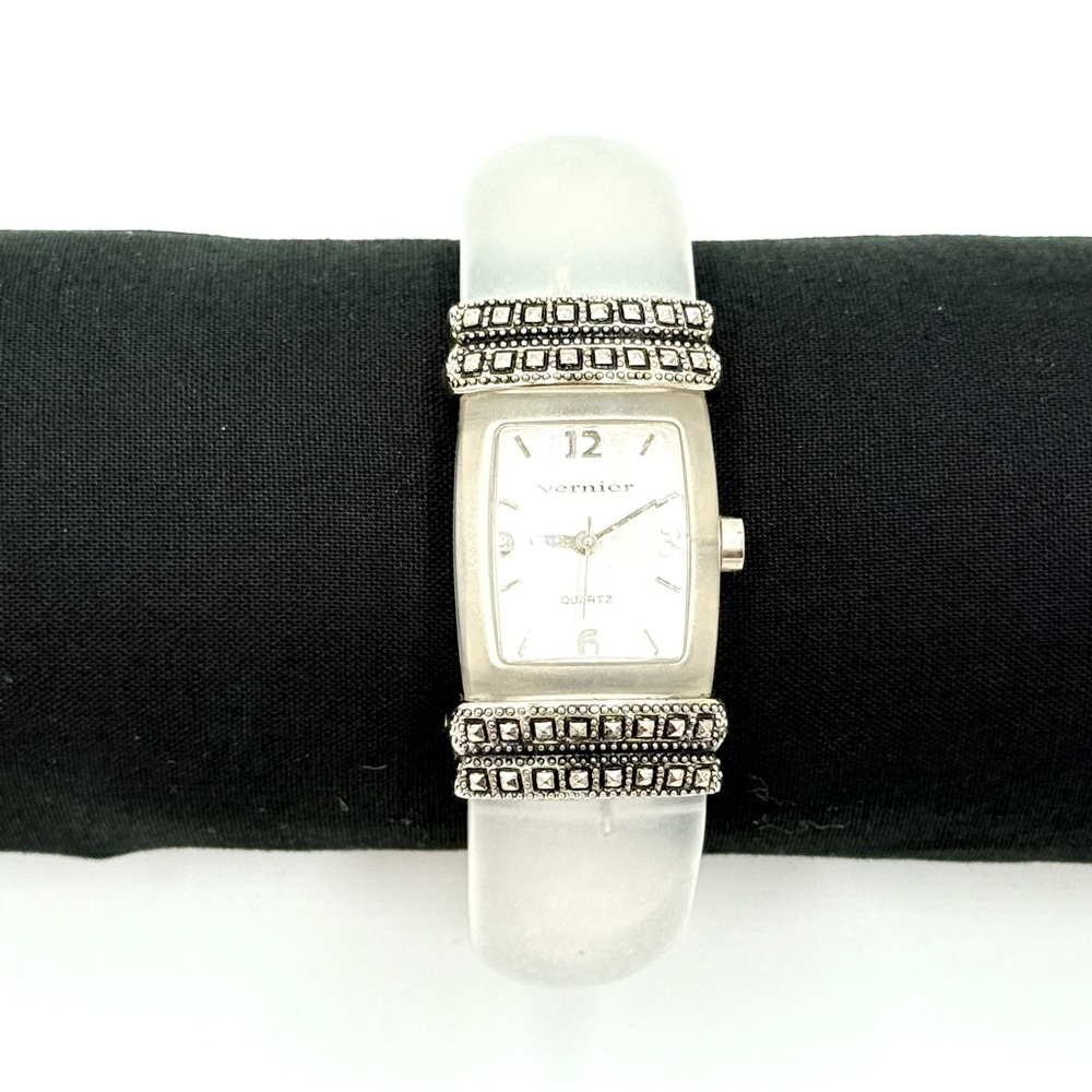 Vintage Vernier Silver Tone Clear Acrylic Cuff Bangle Watch #3961